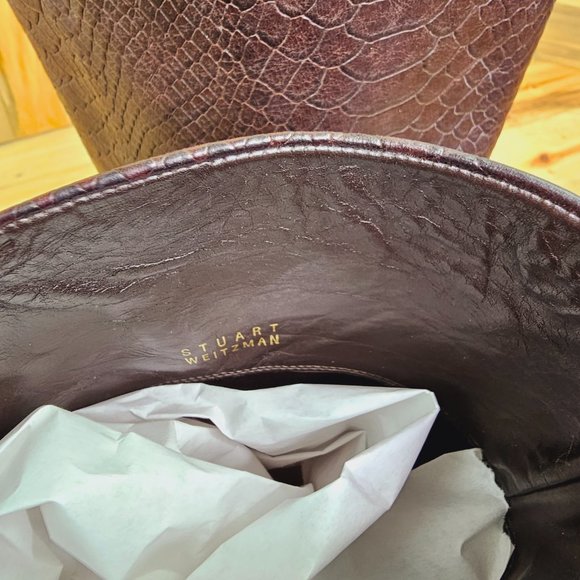 STUART WEITZMAN Crocodile Embossed Brown Leather Hidden Wedge Boots 7.5 - Picture 9 of 11